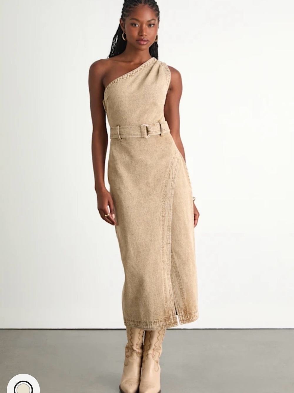 Lulu's One-Shoulder Beige Belted Midi Dress